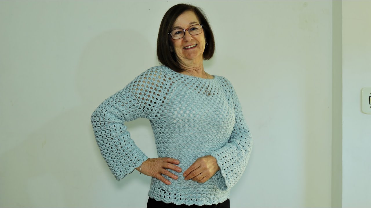 Blusa top down pala quadrada em crochê