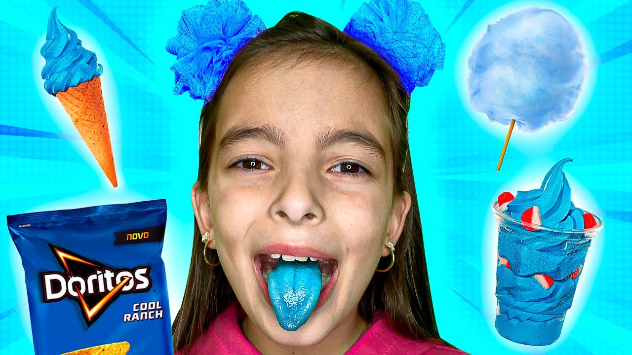 COMENDO TUDO AZUL POR UM DIA INTEIRO 😱 JÉSSICA GODAR, LAURINHA E HELENA E GABRIEL