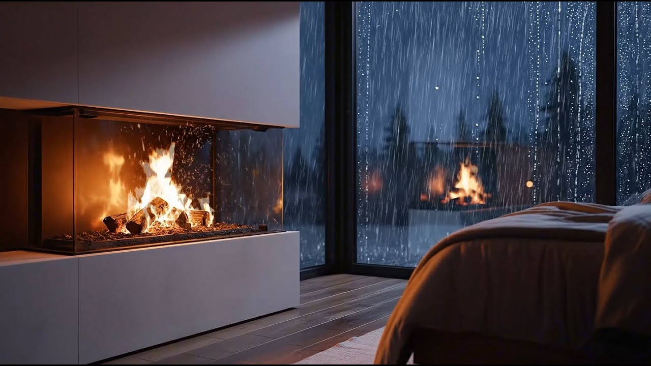 Fireplace in a Cozy Bedroom at Night 🔥 Rain on the Roof & Soft Thunder | Sleep Ambience