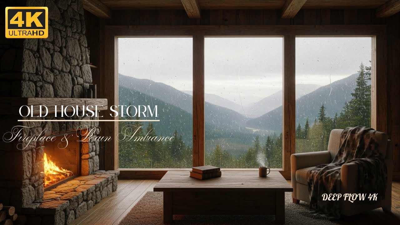 🔥 Old House Fireplace & Rain Ambience | Gentle Thunder Outside | Deep Flow 1 Hour