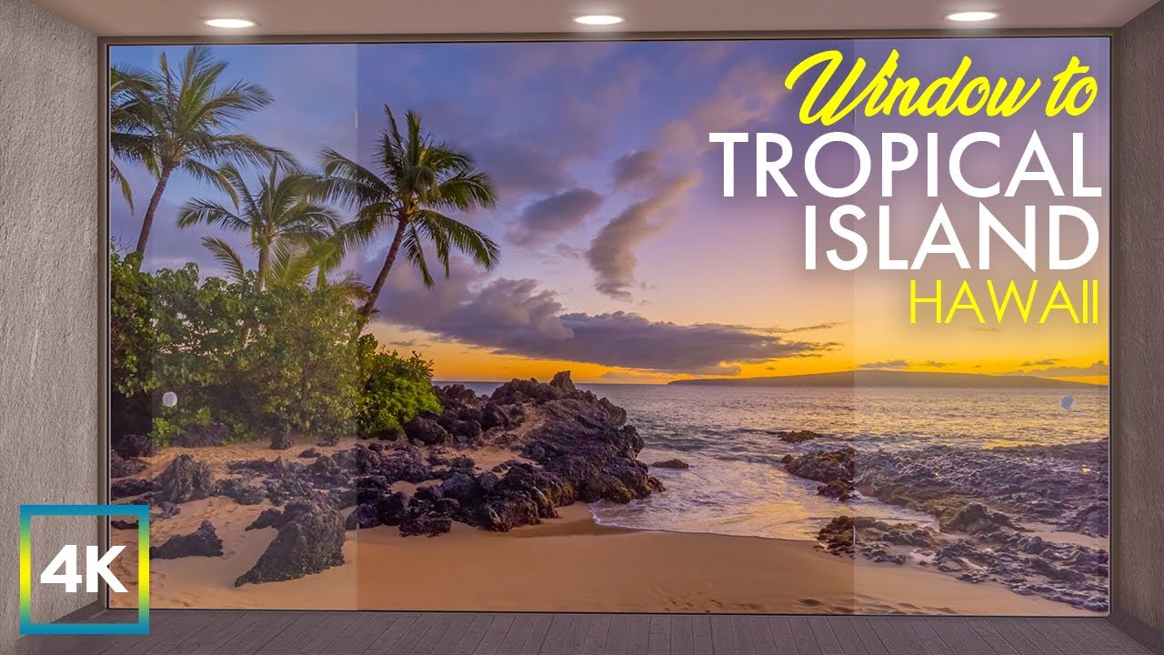 8 HRS Relaxing Window View to Maui Beach with Palm Trees - 4K Sunset Over Tropical Island, Hawaii