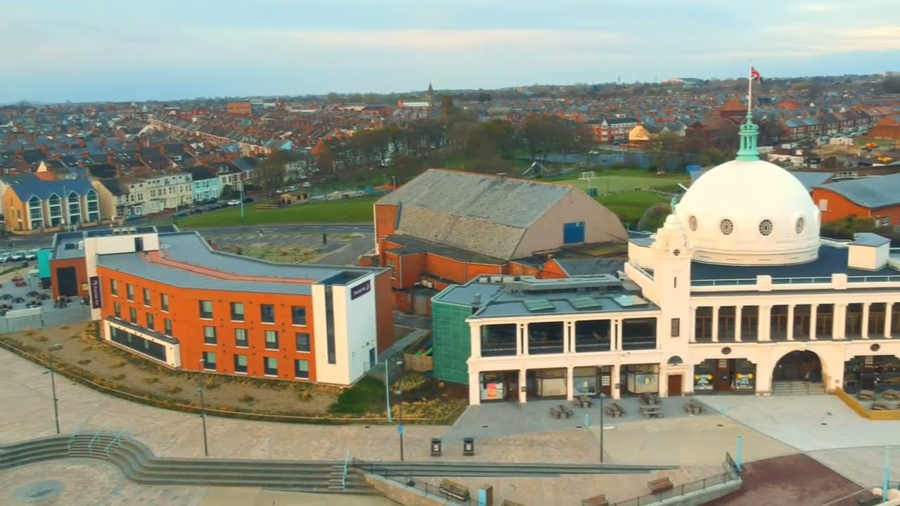 Whitley Bay Tyne & Wear Beach, Premier Inn and Spanish City Drone Views - Early Morning