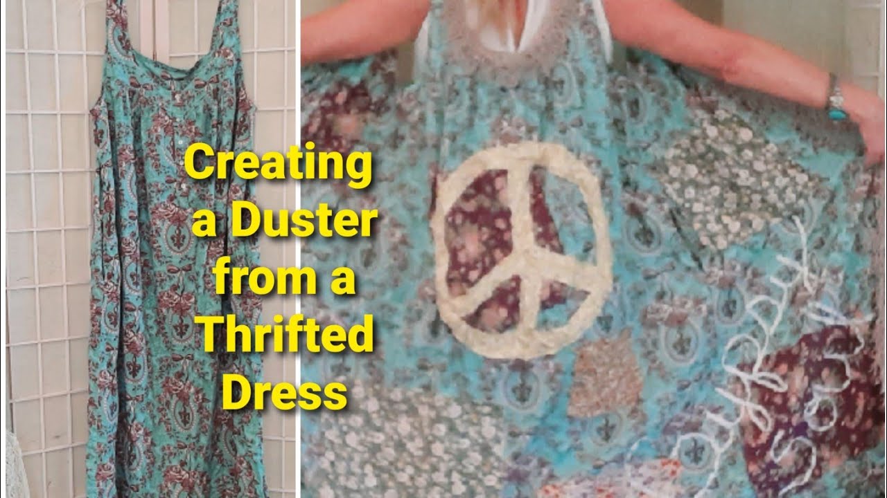 How to make a long hippie vest from a plain thrifted dress . Easy sewing tutorial .