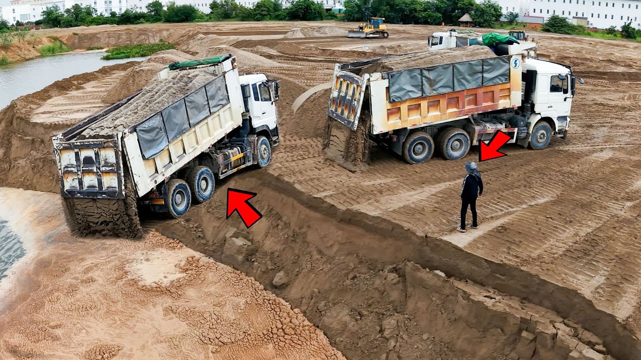 Amazing Project !!  Dump Truck 5Ton Back Uploading Stuck, Technique Rescue by Doze Pushing
