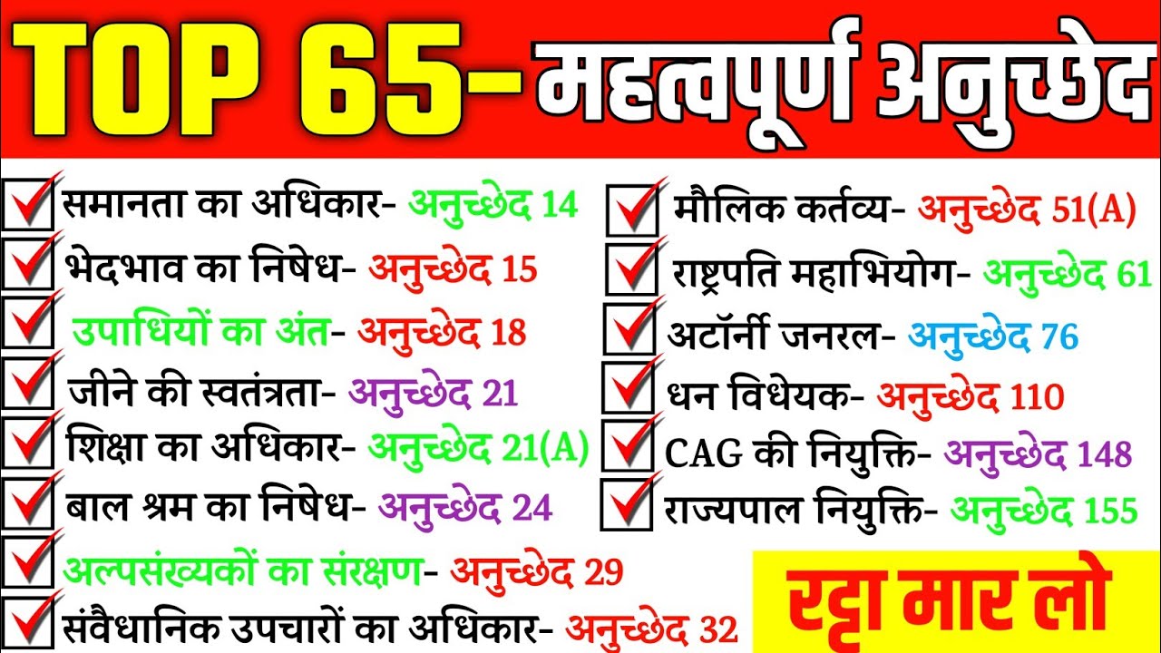 भारतीय संविधान के  TOP 65 अनुच्छेद | Important Article of Indian Constitution | Polity Gk | Artical 