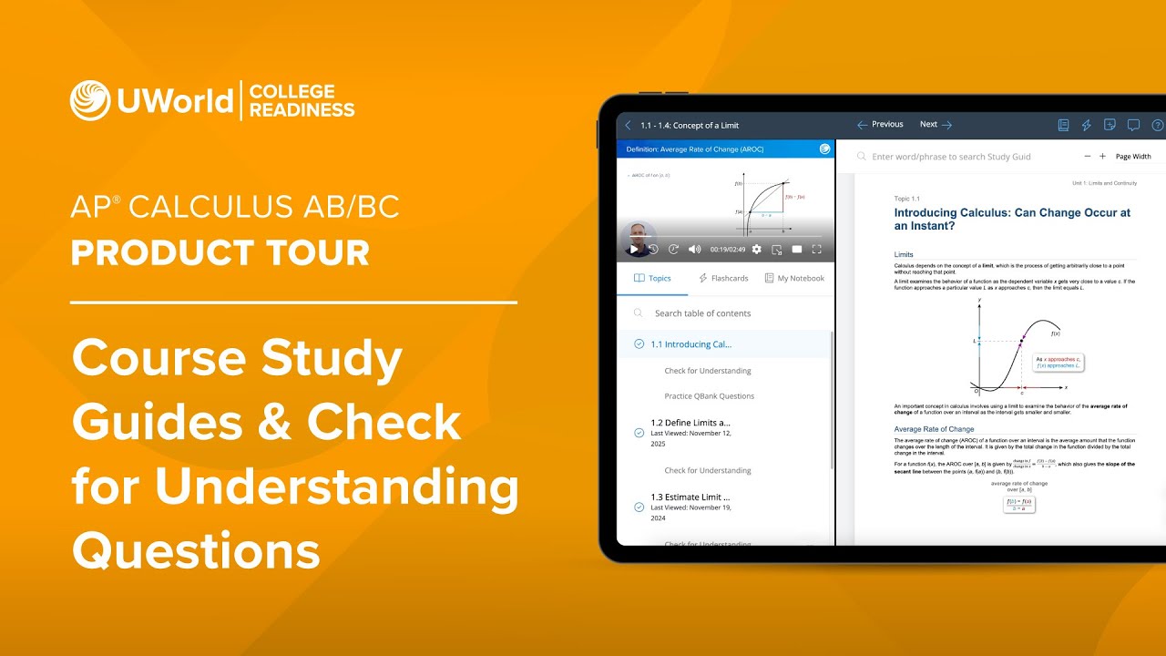 UWorld’s Course for AP® Calculus: Course Study Guides & Check for Understanding Questions