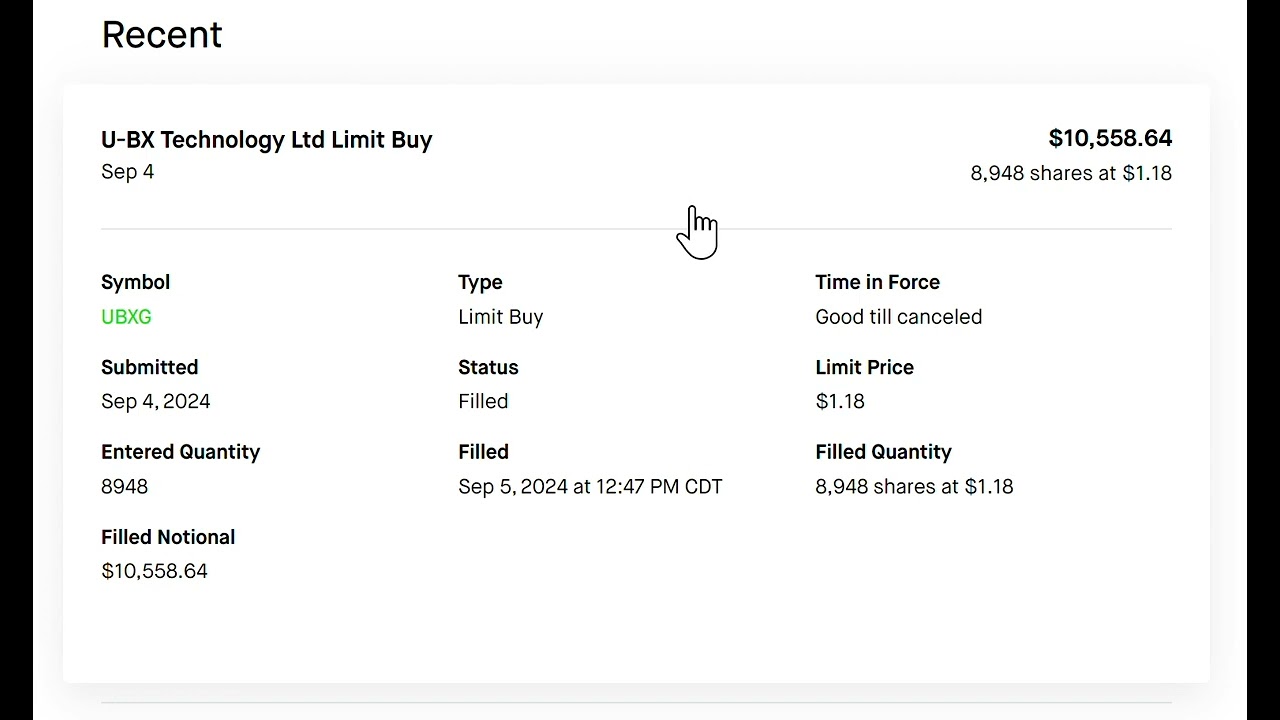 U-BX Technology Ltd stock purchase using limit buy on September 5, 2024 #money #stocks #stockmarket