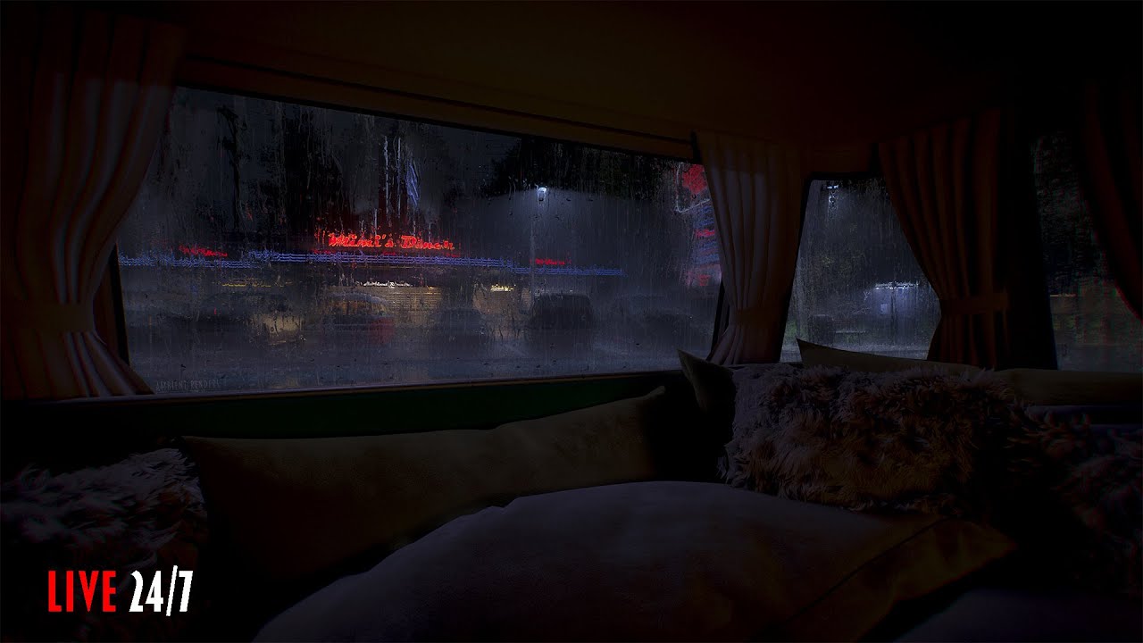 A Rainy Night Sleeping In A Campervan At A Classic American Diner | Live stream 24/7