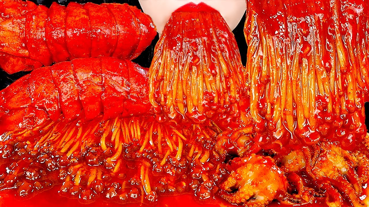 ASMR SPICY ENOKI MUSHROOMS, BABY OCTOPUS, SEAFOODS 불닭 팽이버섯 쭈꾸미 해물찜 먹방 MUKBANG EATING SOUNDS 咀嚼音