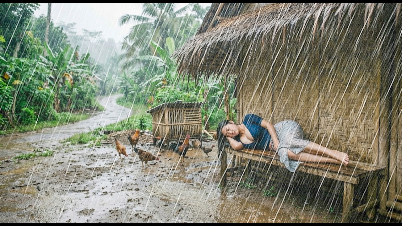 ТЫ МОЖЕШЬ В ЭТОМ СПАТЬ? 🌧️ Сильный дождь и молния в тихой индонезийской деревне⚡ Преодоление бессон