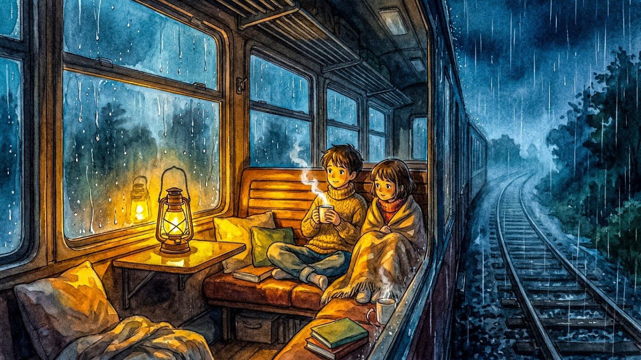 Siblings in a Train Car Home During Evening Rain | Cozy Rain Ambience