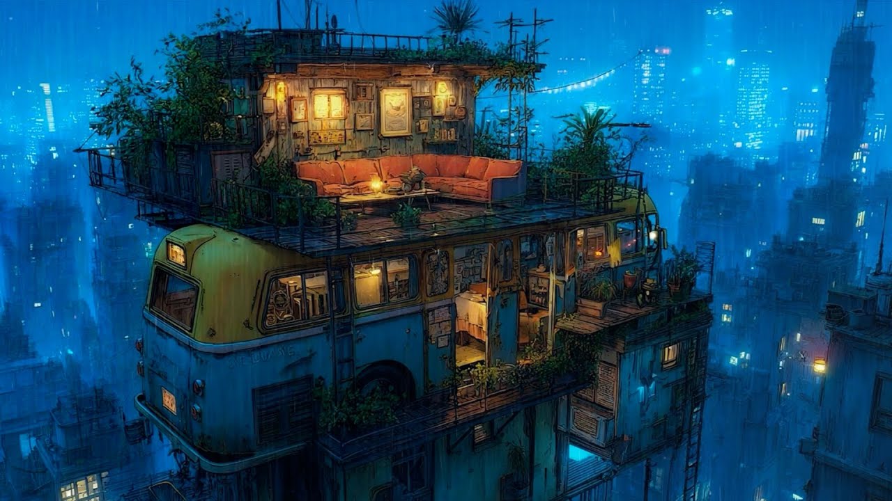 Distant Rain, Cozy Couches, Calm Drinks, and Lo-fi | Music to Chill, Study, or Sleep | 4K