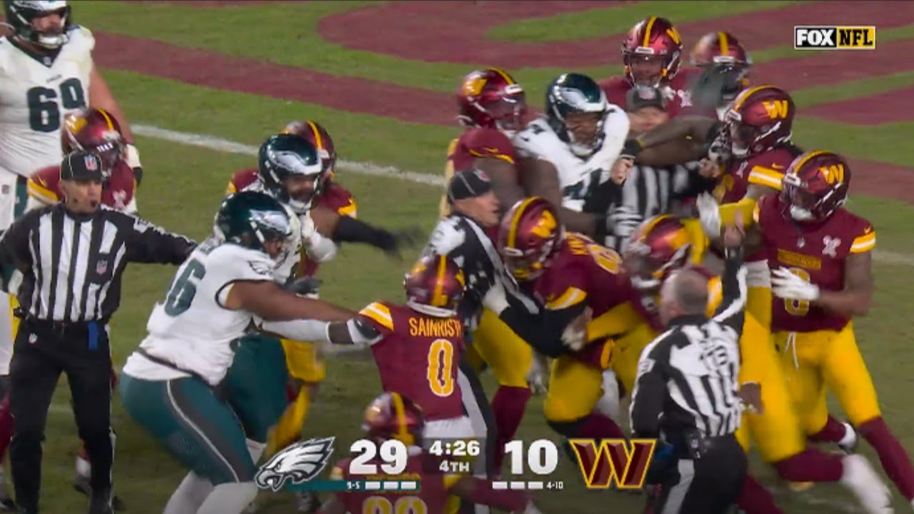 3 EJECTED after HUGE BRAWL between Commanders and Eagles (Full Fight + Replays)