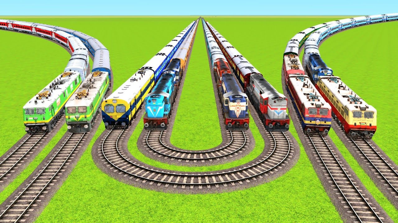 TWO U SHAPE RAILROAD TRACKS TRAINS VS FOUR FLYING RAILWAY TRACKS TRAINS CROSSING|Train Simulator|