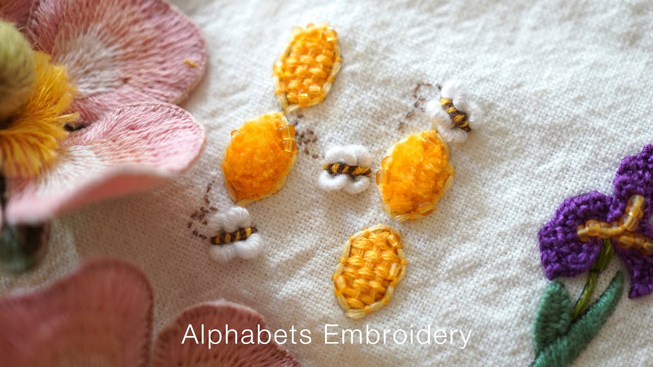 SUB] 귀여운 꿀벌과 꿀 자수🐝, 알파벳 'H' 프랑스 자수 Cute Honeybee&Honeycomb Hand Embroidery, Alphabet 'H'