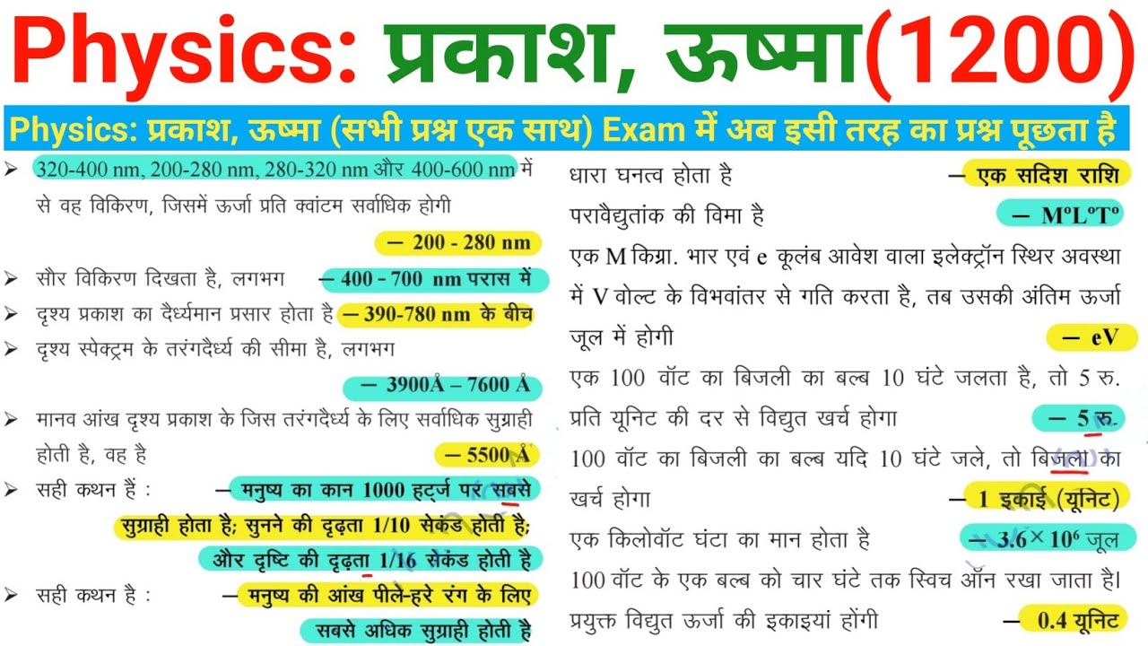 Physics: One liner (प्रकाश, ऊष्मा 1200) physics one liner questions | physics objective @ekniyam 