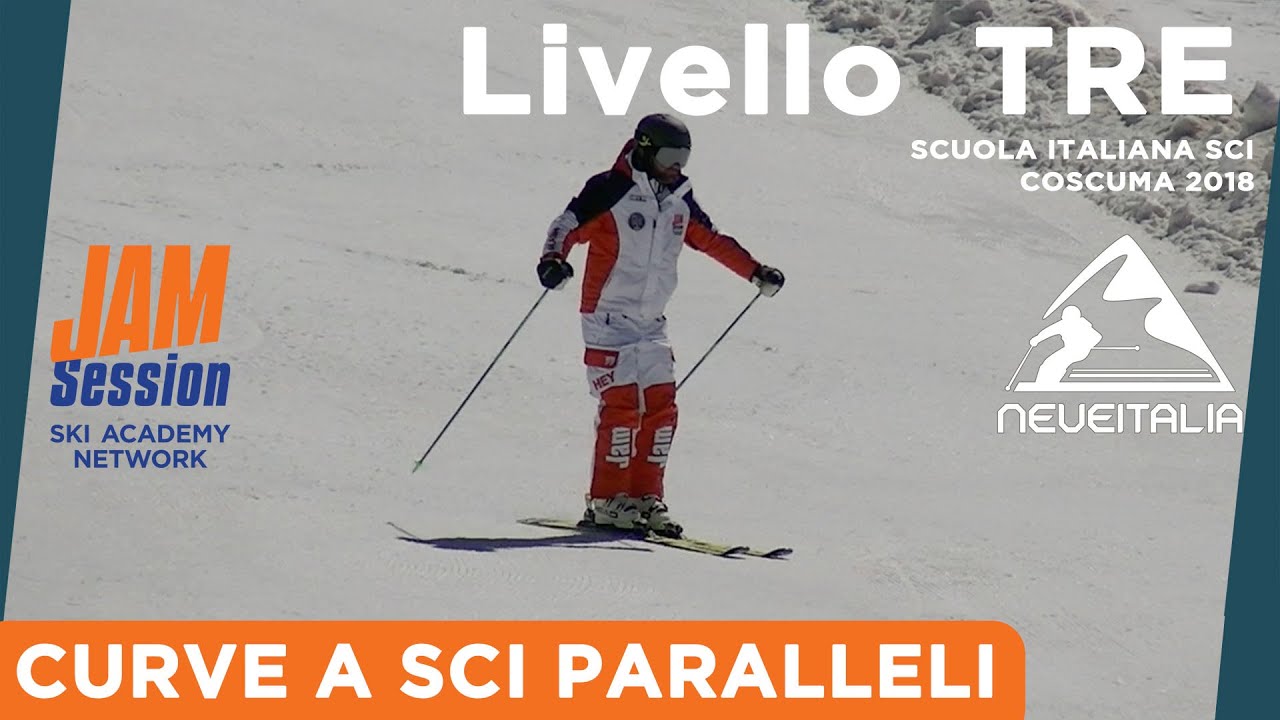 Curvare a sci paralleli - Livello 3 della Scuola Sci Italiana illustrato da Jam Session