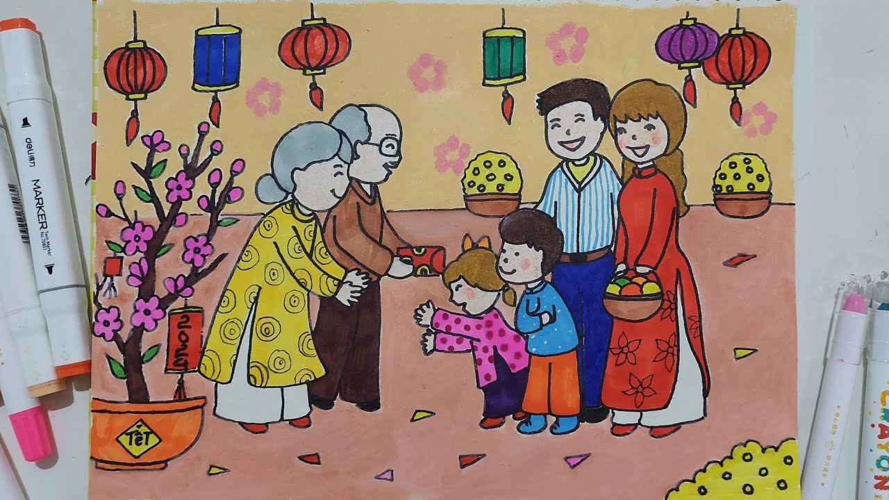 Ngày tết trong gia đình | Vẽ tranh chúc tết ông bà | Vẽ lễ hội xuân ngày tết #tet