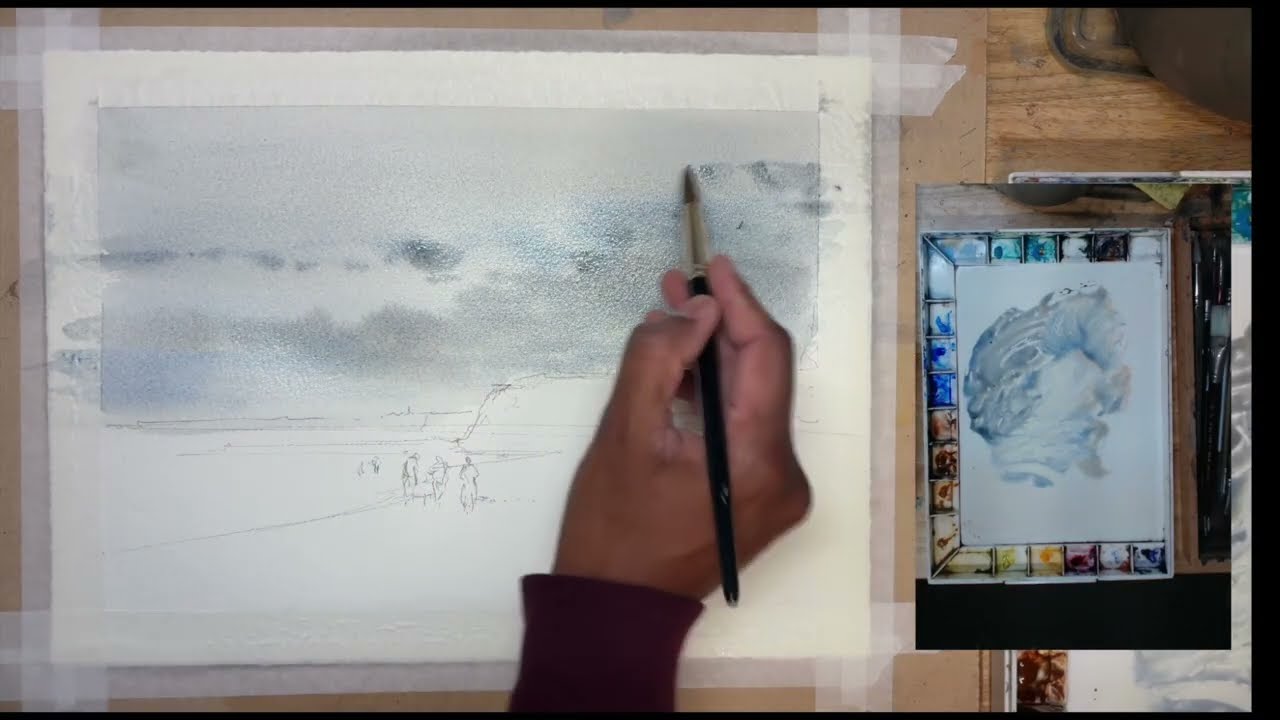 Watercolour demonstration of a beach