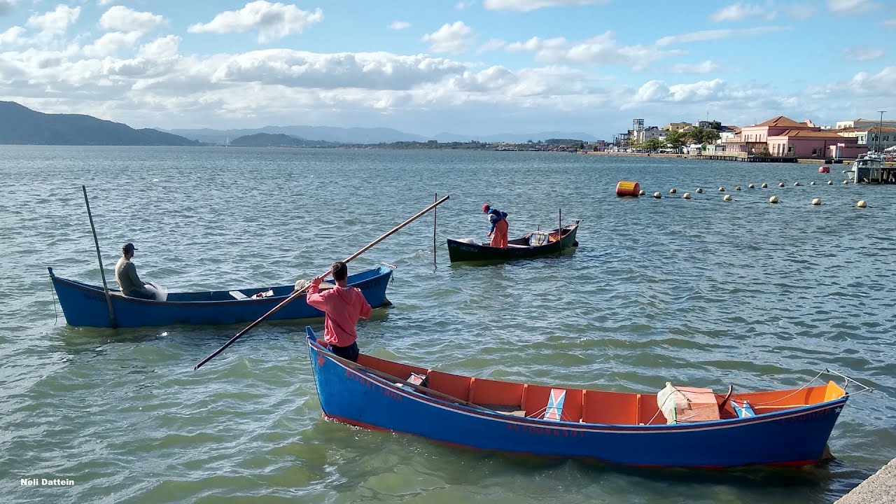 Laguna, SC, Pescadores com suas bateras e tarrafas, pescando no Centro, próximo ao Mercado Público.