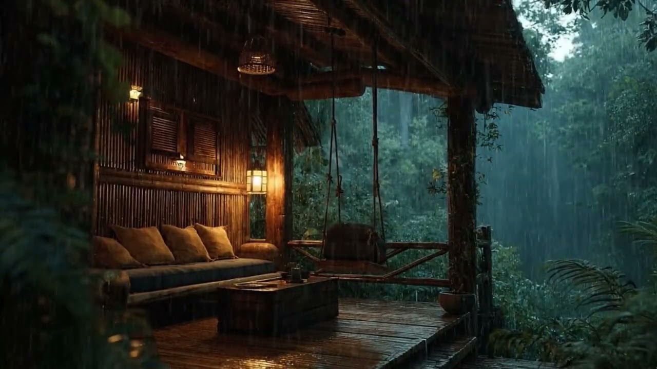 Tropical Rainstorm on a Thatched Forest Cabin Porch 🌧️ | Cozy Night Sleep Ambience