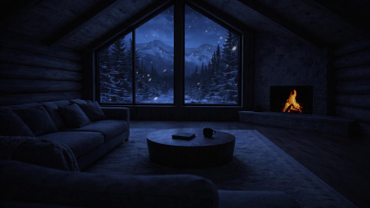 Quiet Winter Cabin at Night  Cozy Fireplace Ambience for Deep Relaxation
