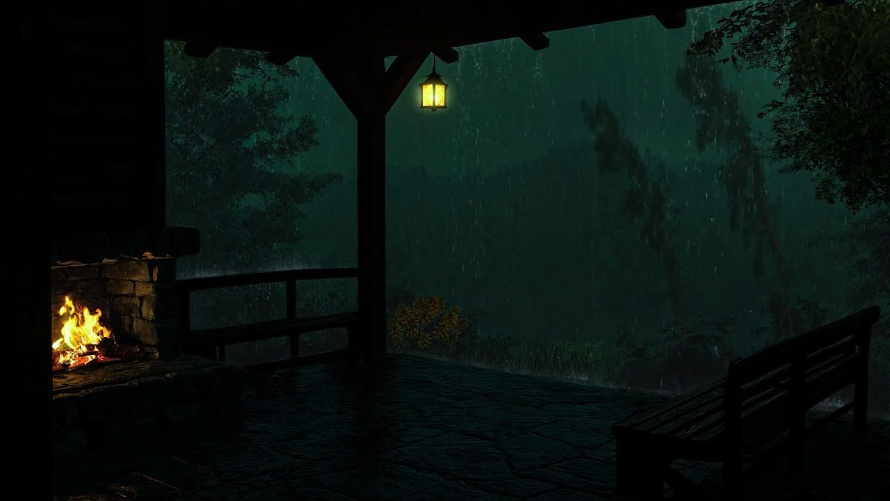 Peaceful Mountain Forest Rain at Night🎧Thunder&Strong Wind⚡Old Fireplace Sounds to Help You Sleep 😴
