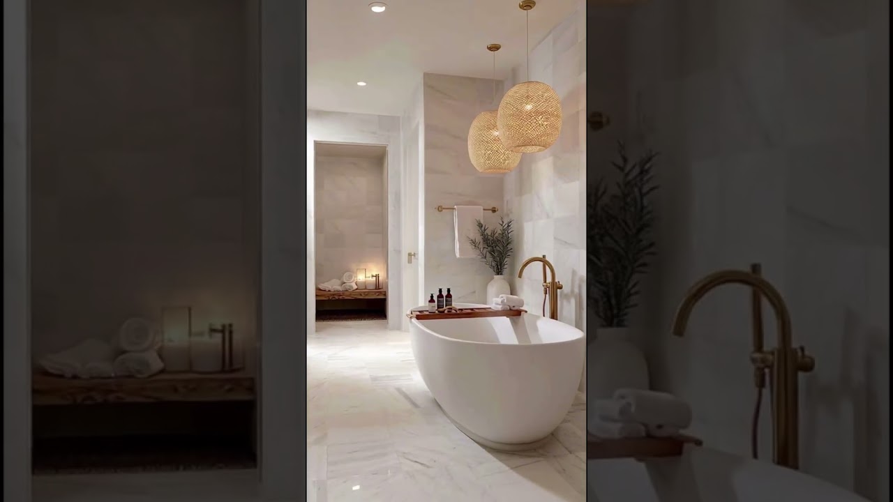 Luxury Spa Bathroom: Marble, Rattan & Gold Design