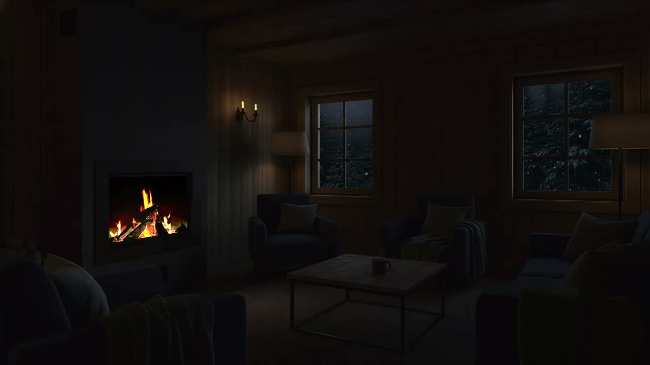 Cozy Cabin in a Snowy Forest at Night — Gentle Fireplace Glow and Calm Winter Ambience