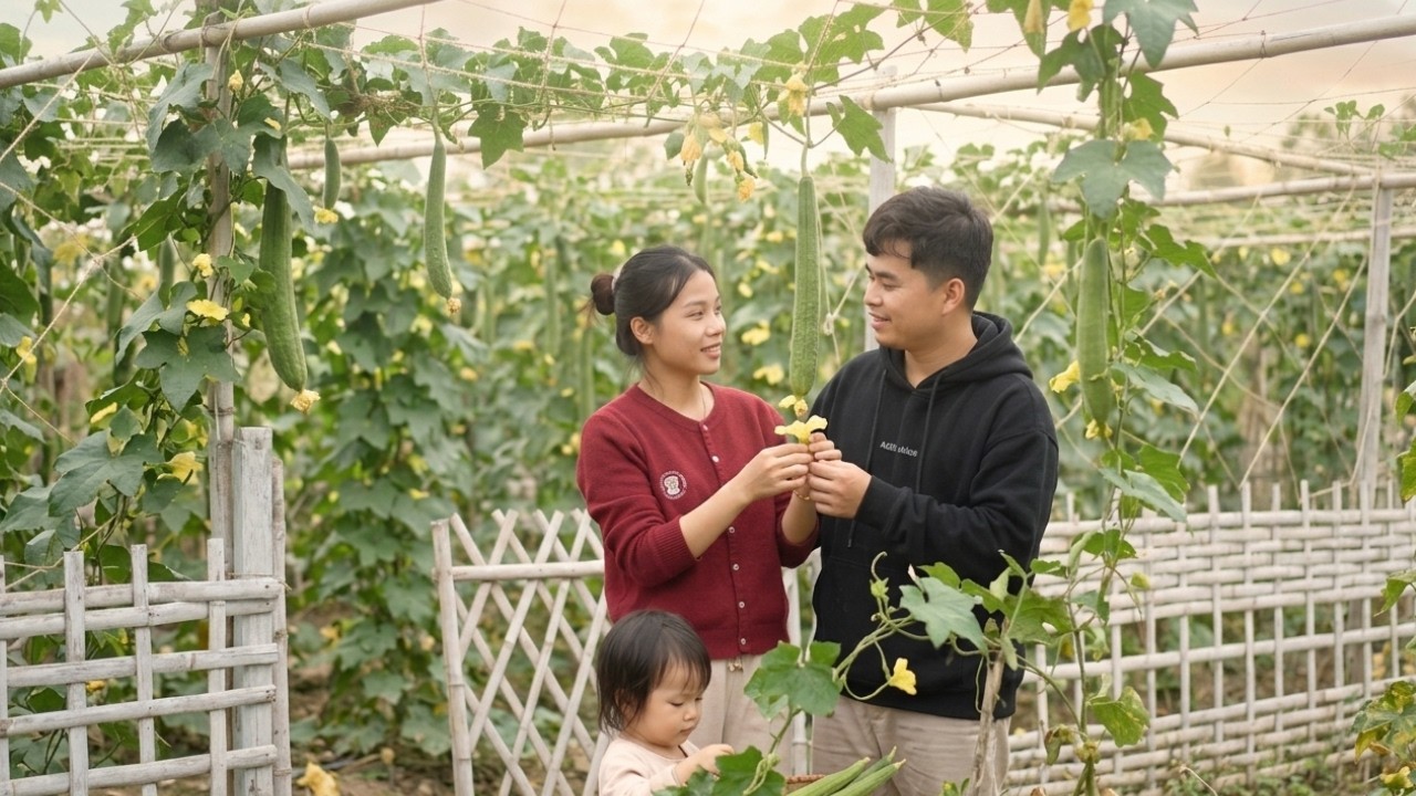 Hung and Tieu Ca carried bamboo to build a trellis for growing gourds in the yard.