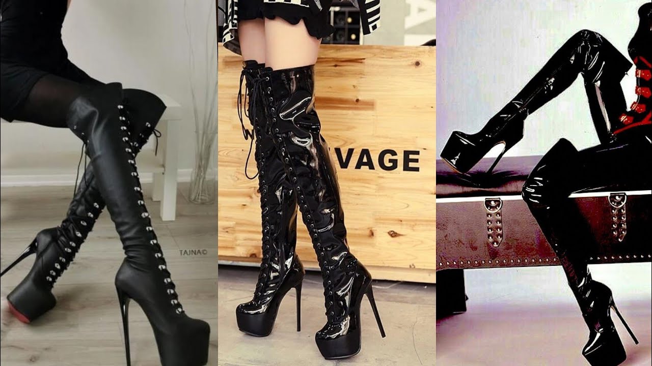 Latex & leather high heels  lace up long boots designs/latex lace up thigh high boots designs
