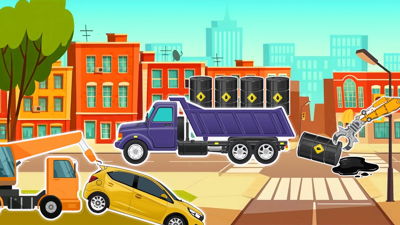 Truck Spills Dangerous Oil! 🚒 Excavator and Tow Truck Help Out! | Vehicles Animation
