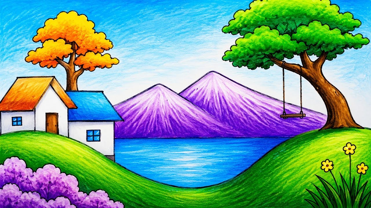 How to Draw Village Scenery Step by Step | Easy Scenery Drawing of a Lakeside Village for beginners