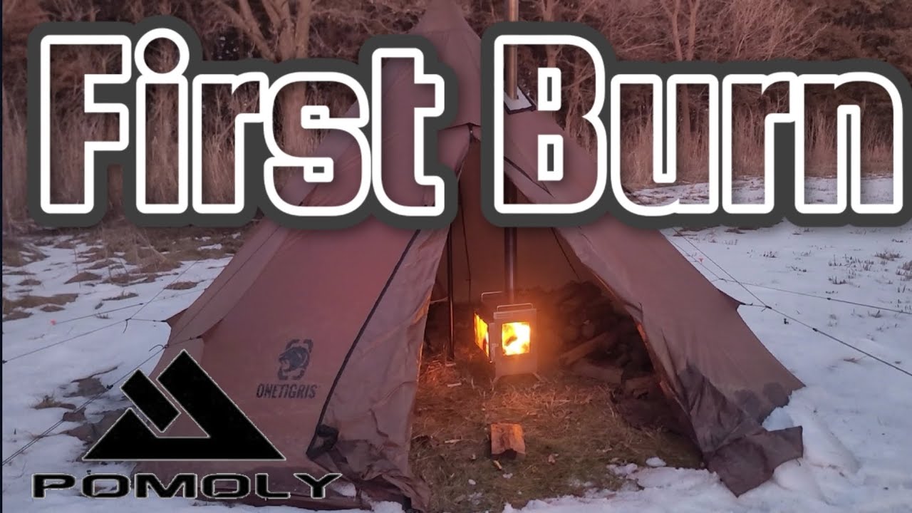 First Burn on the Pomoly Dweller Max Ti 3 wood stove!! One Tigris Rock Fortress Hot Tent durability.