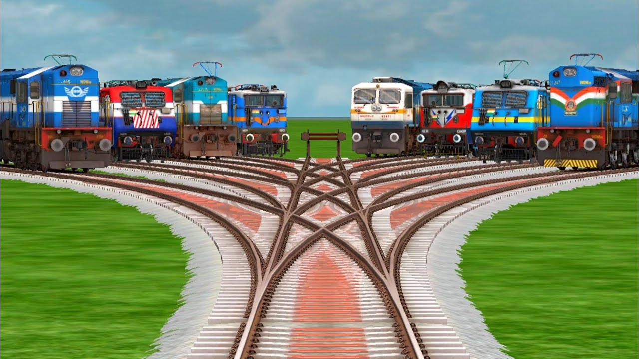 8 Mega Trains Crossing at 📸 Dangerous Branched Railroad Tracks | real train game | train simulator 