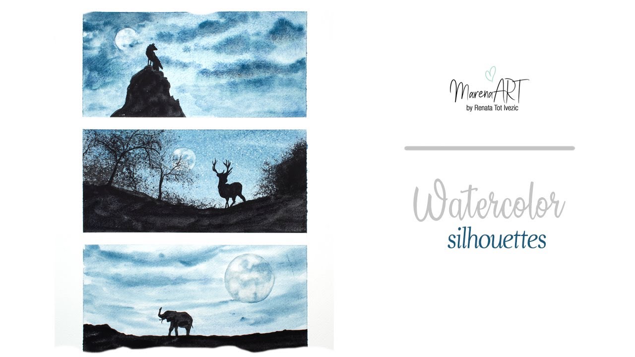 Watercolor simple landscapes - silhouette painting