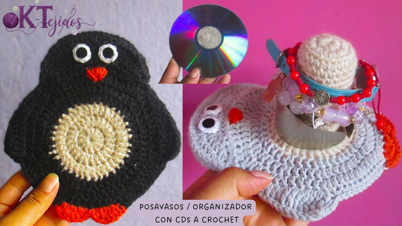 ¡No tires tus CDs viejos! 🐧 Haz este PINGÜINO organizador y posavasos a Crochet #crochettutorial