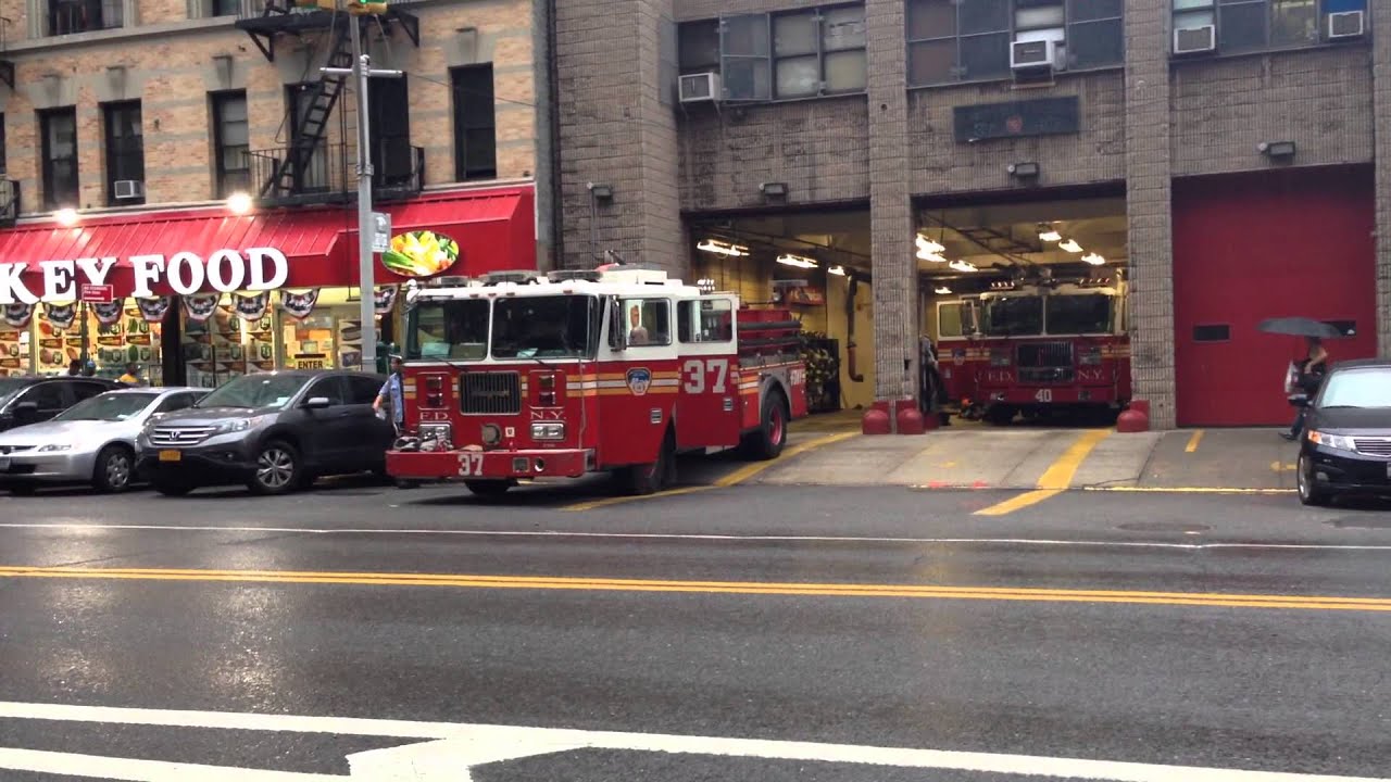 FDNY ENGINE 37 & NEWER FDNY TILLER 40 RESPONDING FROM THEIR W. 125TH ST. HOUSE IN HARLEM, MANHATTAN.