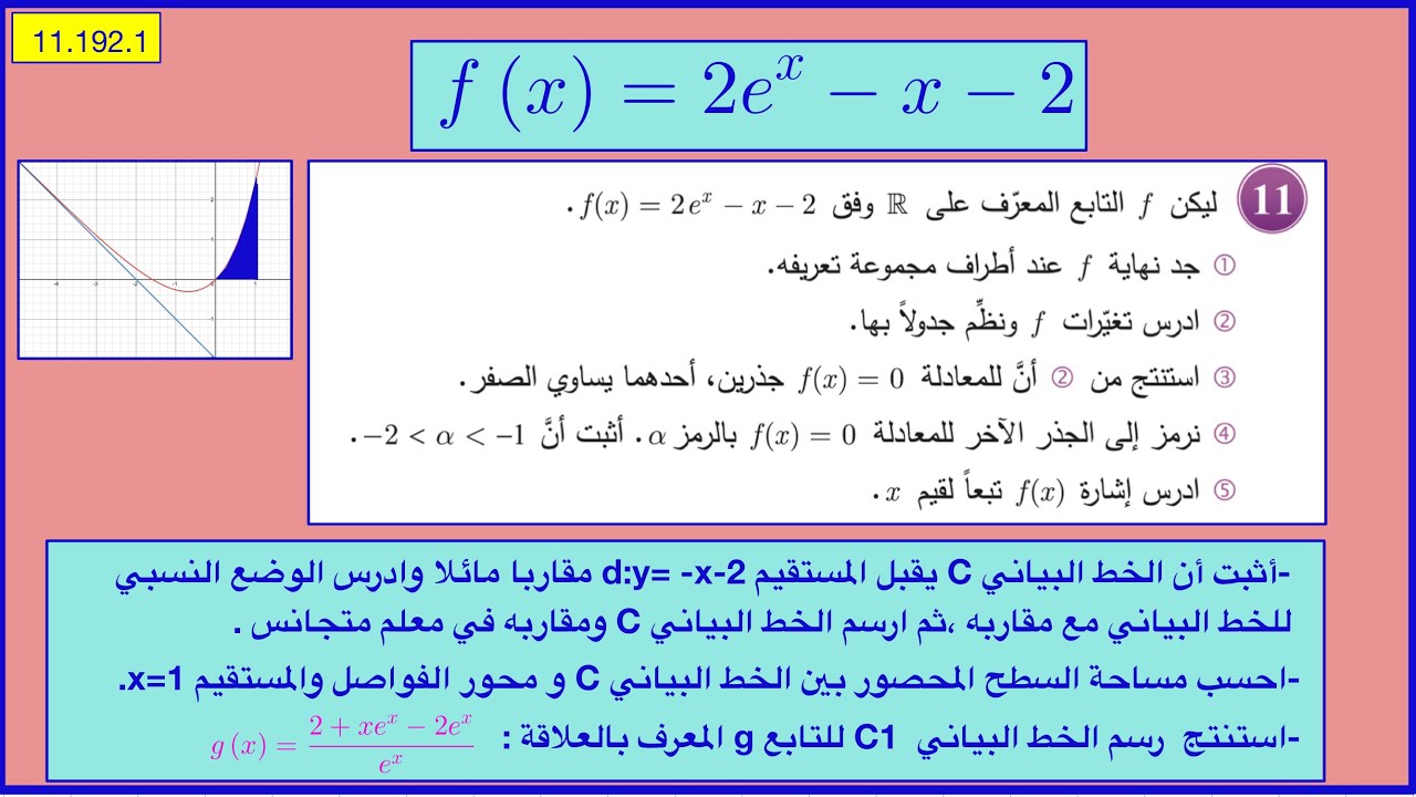 تابع أسي ناقص تابع خطي ، دراسة تغيرات و طلبات هامة . ت 11.192.1