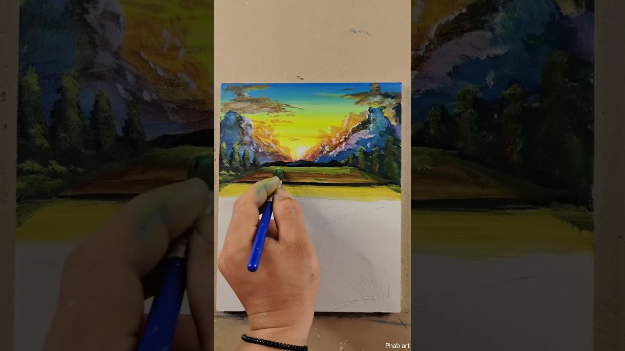  How to Paint easy a meadow at sunset   .  nature. art . วิที่การวาดทุ่งหย้ายามแลงที่สวยงาม
