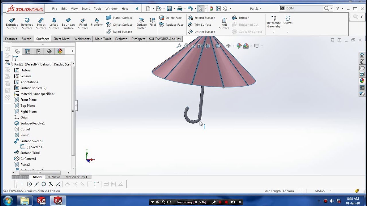 Проектирование поверхностей UMBERLA в SolidWorks 2016