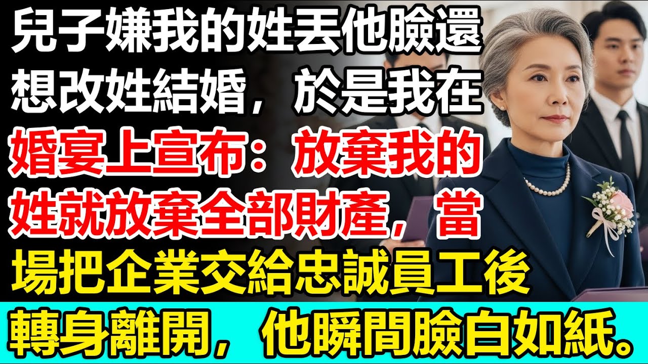 兒子嫌我的姓丟他臉還想改姓結婚，於是我在婚宴上宣布：放棄我的姓就放棄全部財產，當場把企業交給忠誠員工後轉身離開，他瞬間臉白如紙。【婆媳真相】【真實報應】