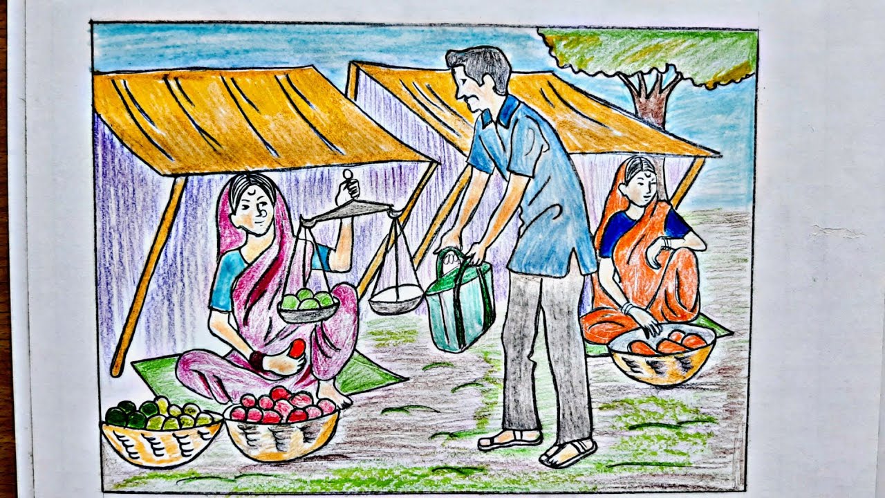 How to draw Memory Drawing Of Market Scene l A man Buying Fruits from Lady fruitseller Drawing.