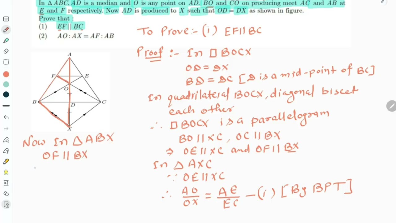 In ∆ ABC, AD is a median and O is any point on AD. BO ad CO on producing meet AC and AB at E and F 
