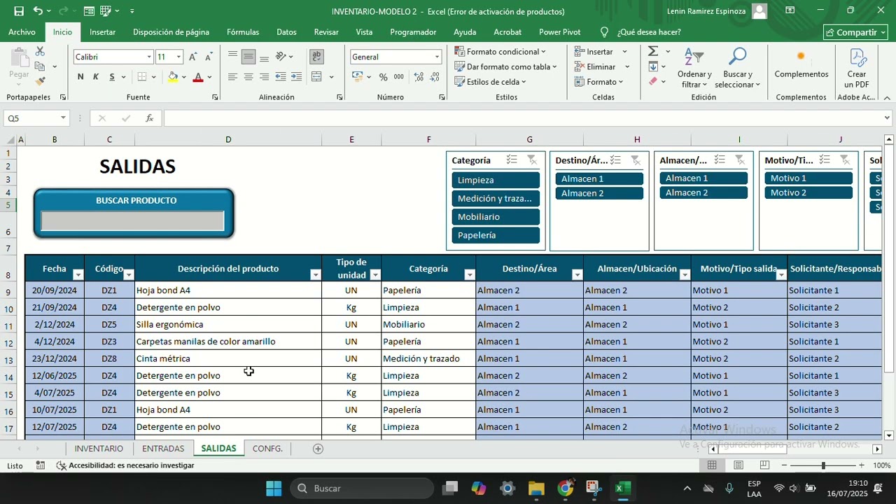 Tutorial de plantilla excel: Gestión de inventario - modelo 2