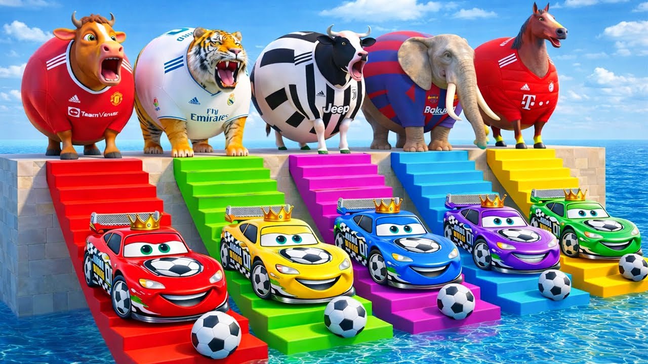 Long Slide Game With Elephant Gorilla Buffalo Hippopotamus Tiger - 3d Animal Game - Funny 3d Animals
