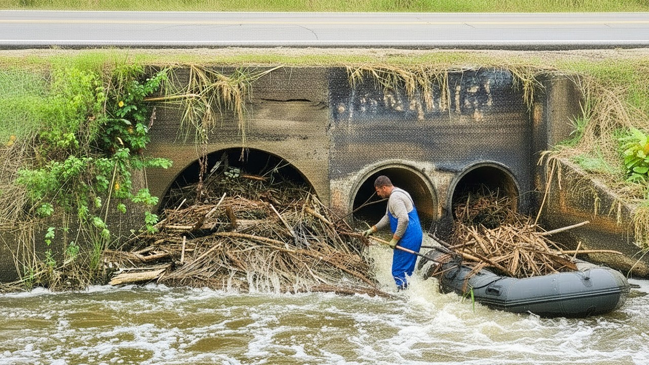 Removing All Debris To Unclog Big Culvert