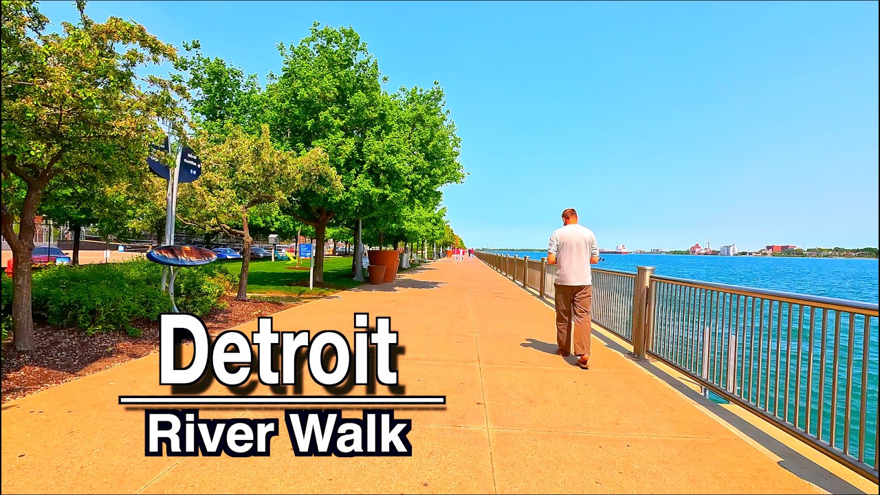 Downtown Detroit Relaxing River Walk , Michigan | 4k 60FPS | Lets Walk Detroit City