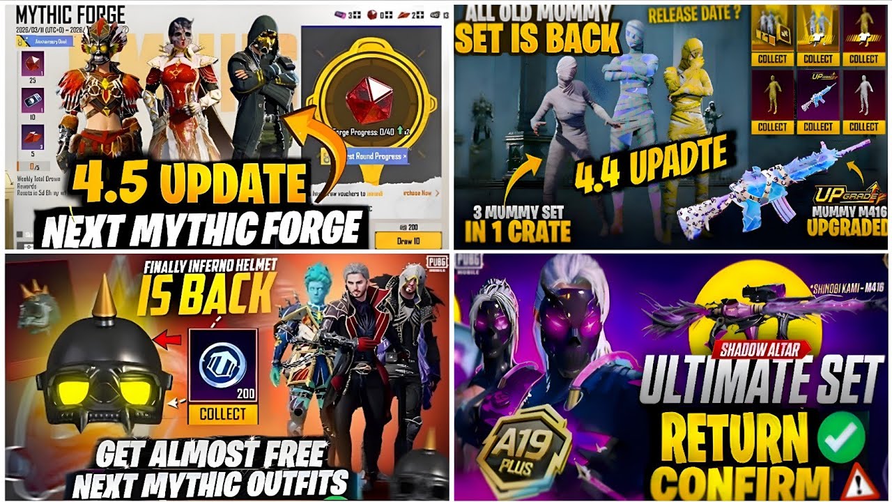 🔴NEXT MYTHIC FORGE BGMI 4.5😍| NEXT ULTIMATE SET BGMI 4.4🔥| MUMMY SET RETURN BGMI🫣|SEALED NATHER M416
