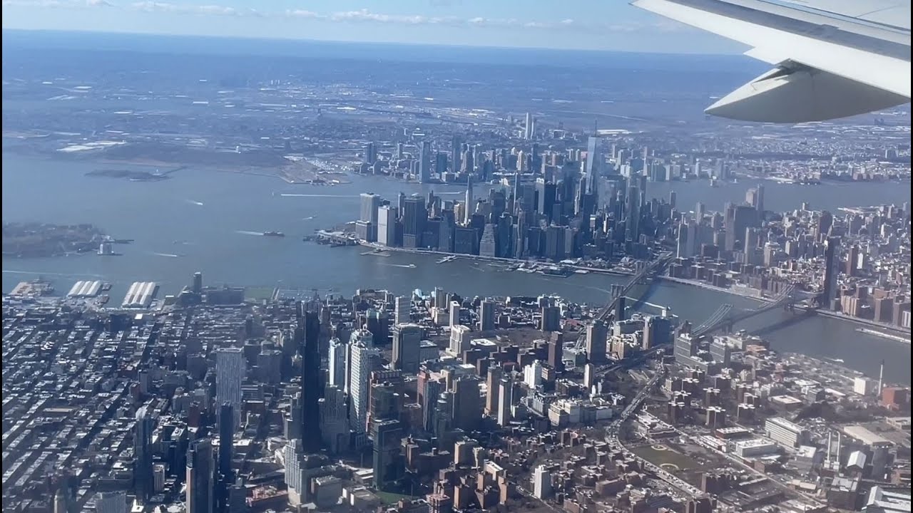 Aerial view of Philadelphia and New York City and landing at LaGuardia Airport